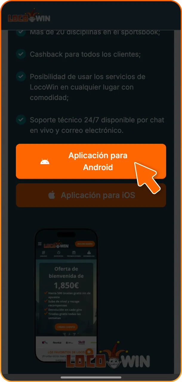 Vaya al sitio web de LocoWin para encontrar el enlace de descarga de la aplicación de Android.