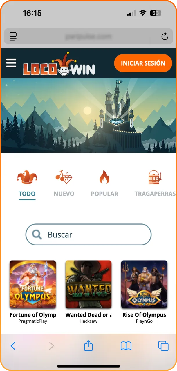 Vaya al sitio web de LocoWin usando su navegador móvil Safari en iPhone.