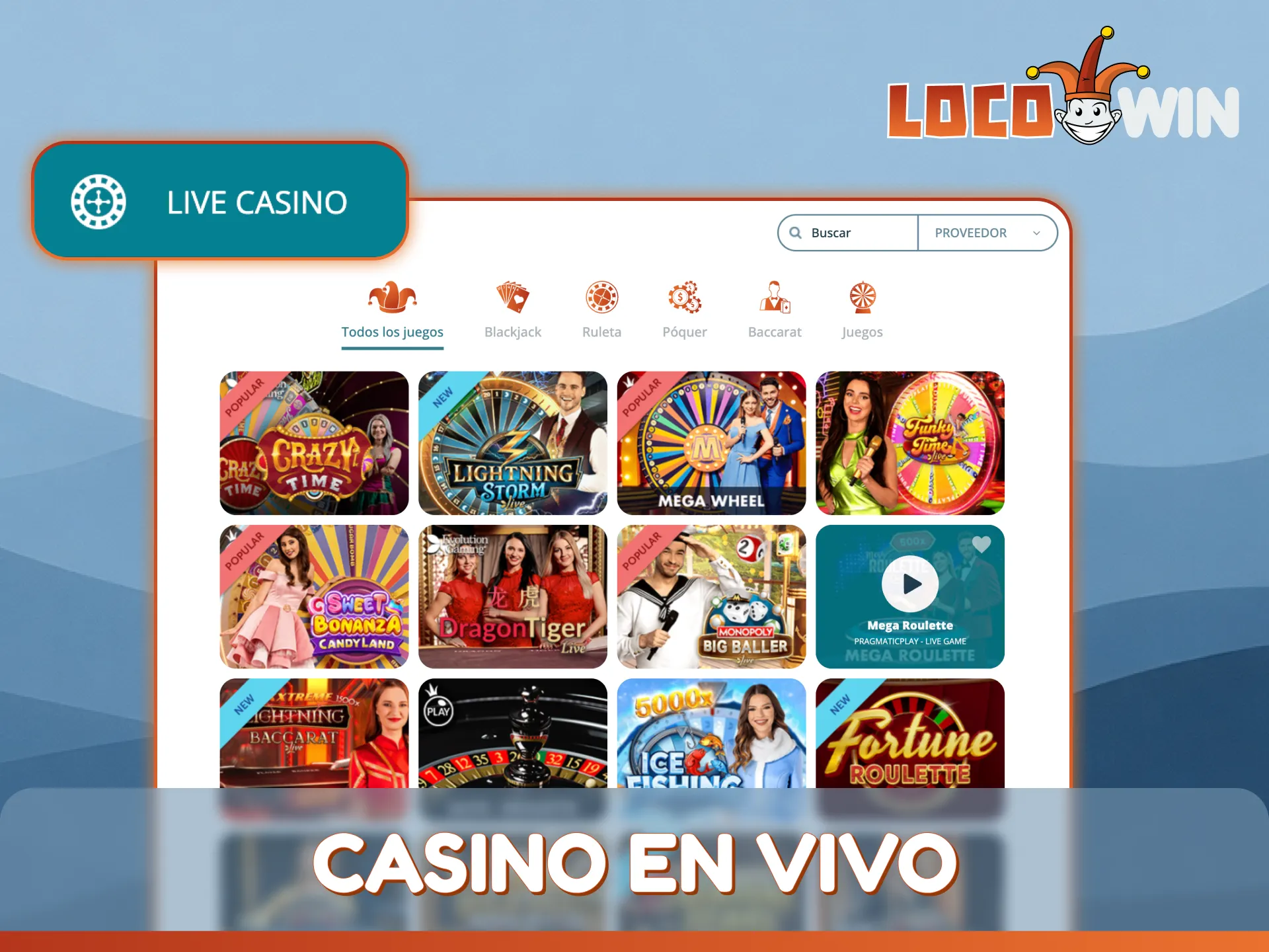Ingresa a la sección de casino en vivo de LocoWin y juega con crupieres reales.