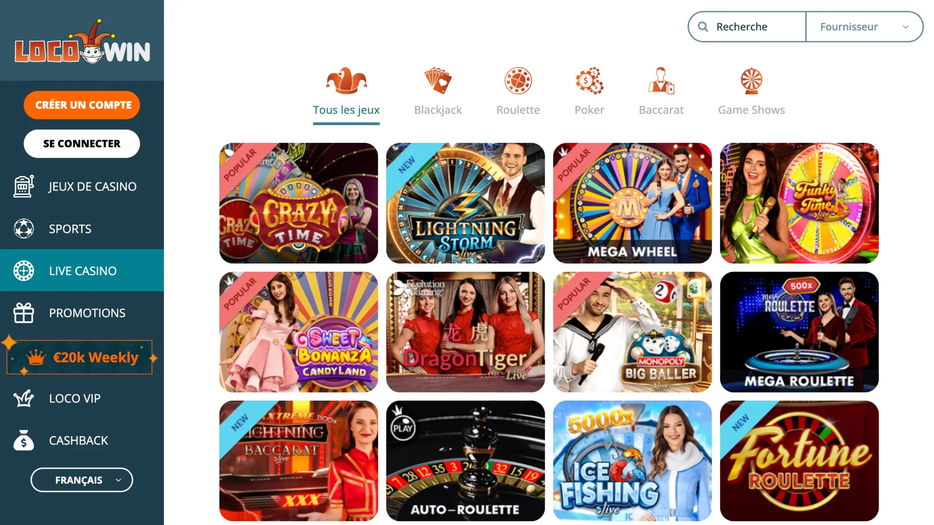 Accédez à l'interface principale du casino en direct sur le site de LocoWin pour jouer avec des croupiers.