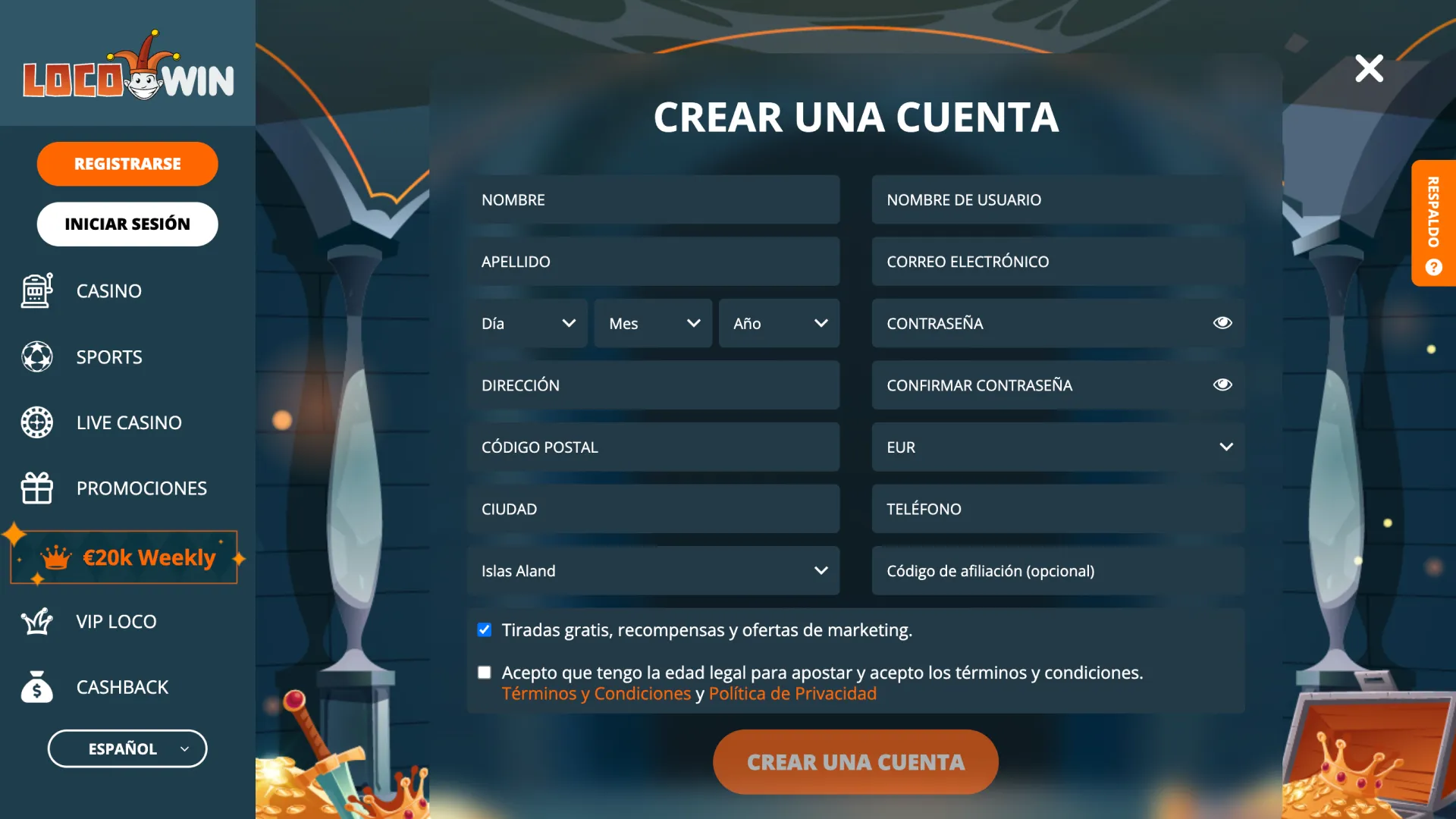 Utilice el formulario de registro de la interfaz principal en la página de inicio de LocoWin para crear su cuenta.