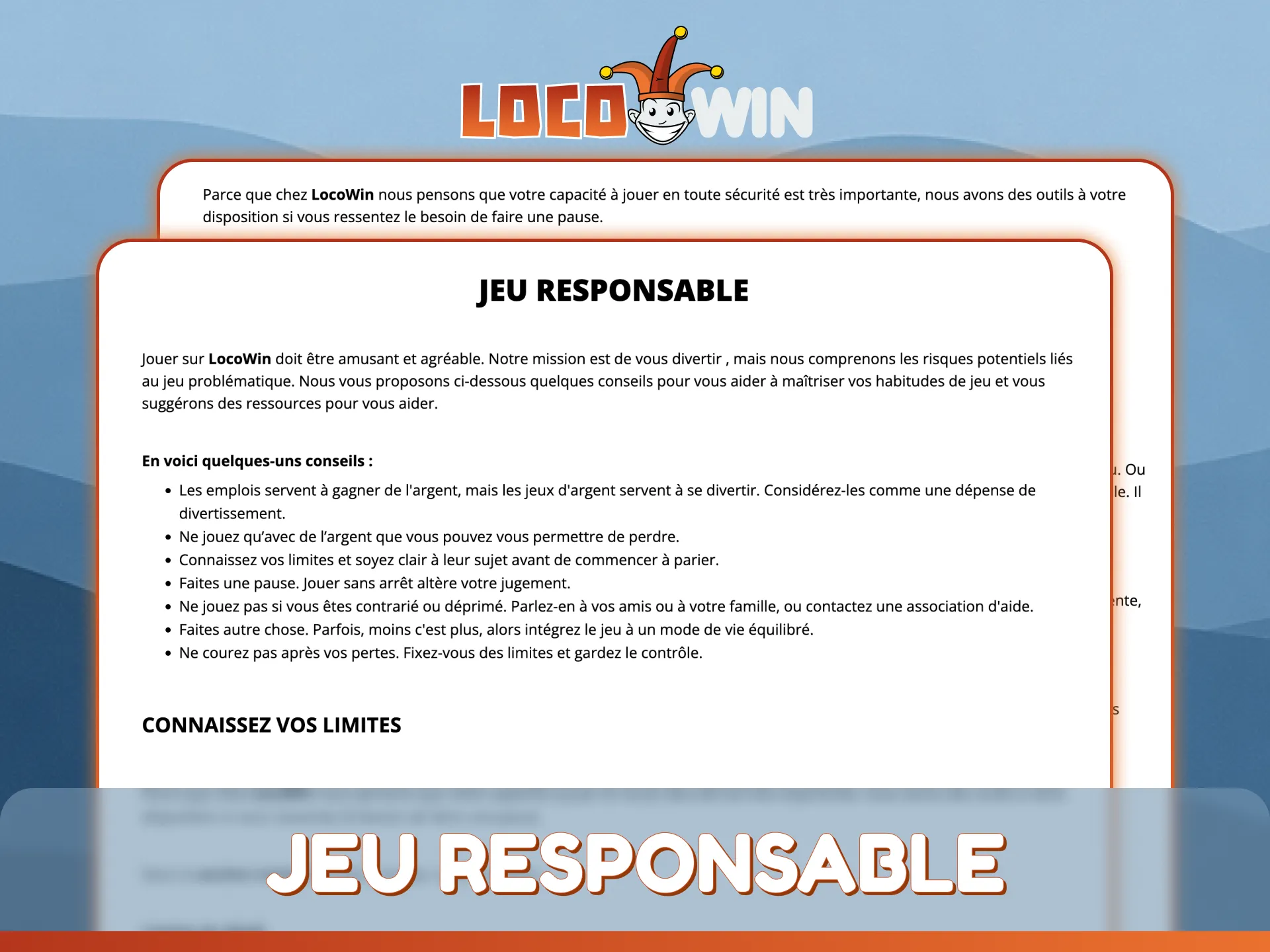 Jouez en toute sécurité en respectant les principes du jeu responsable sur LocoWin.