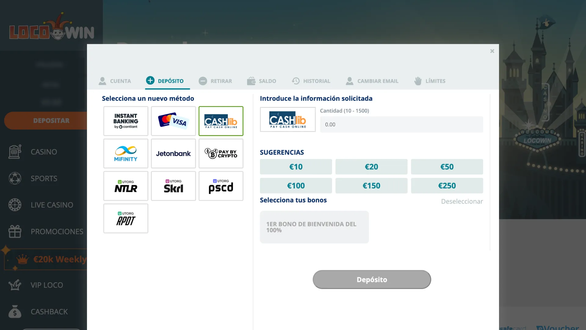 Financia tu saldo y haz un depósito para activar las recompensas de LocoWin.