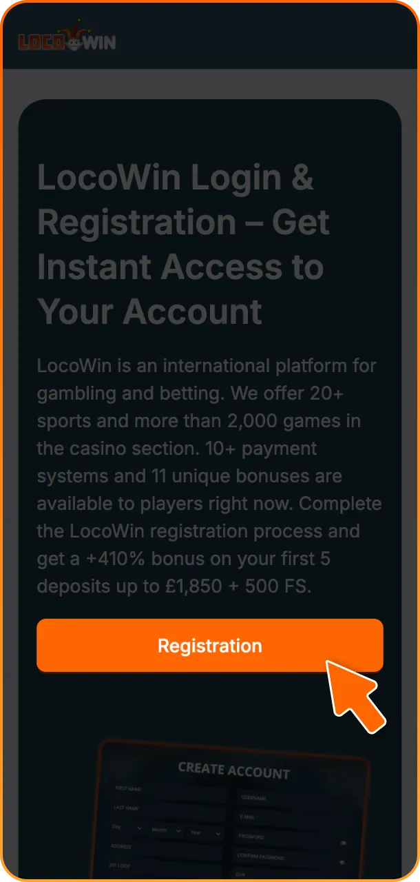 Press the sign up button to start registration on the LocoWin platform.