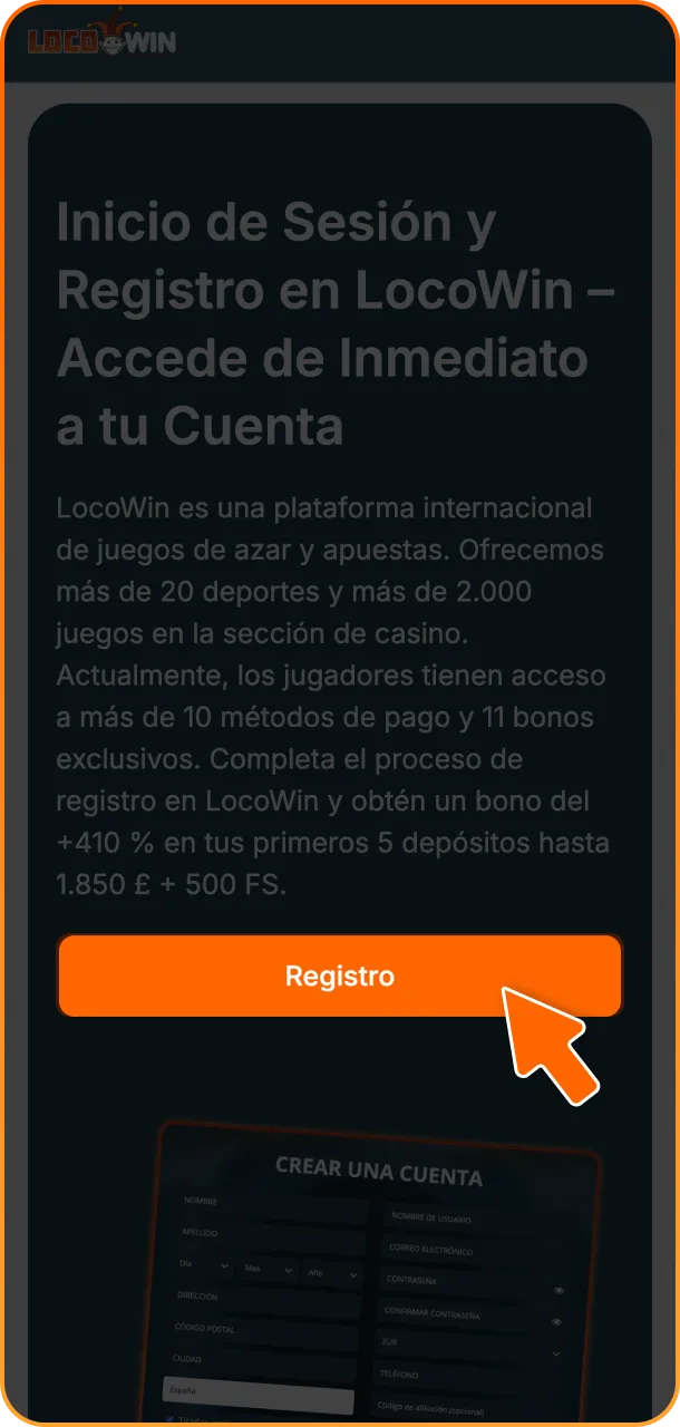 Pulse el botón de registro para iniciar el registro en la plataforma LocoWin.