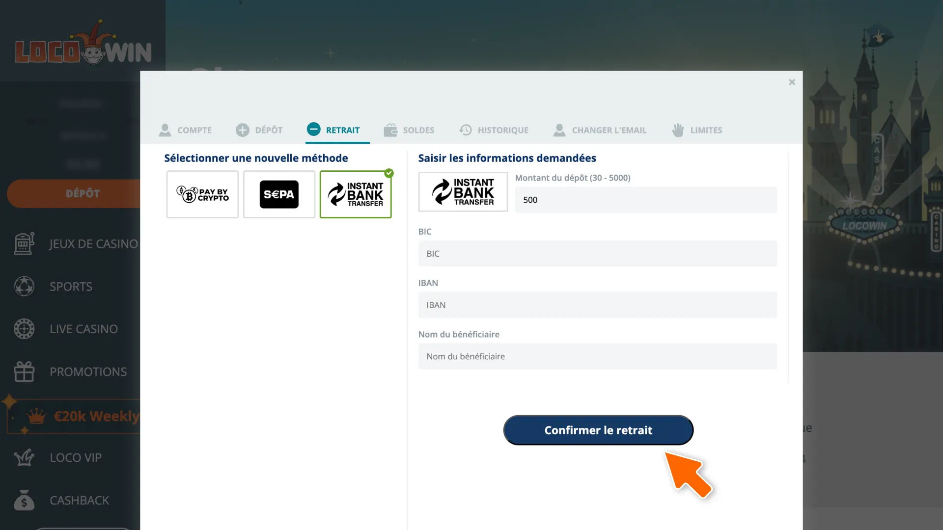 Saisissez le montant et effectuez un paiement pour démarrer votre retrait LocoWin.