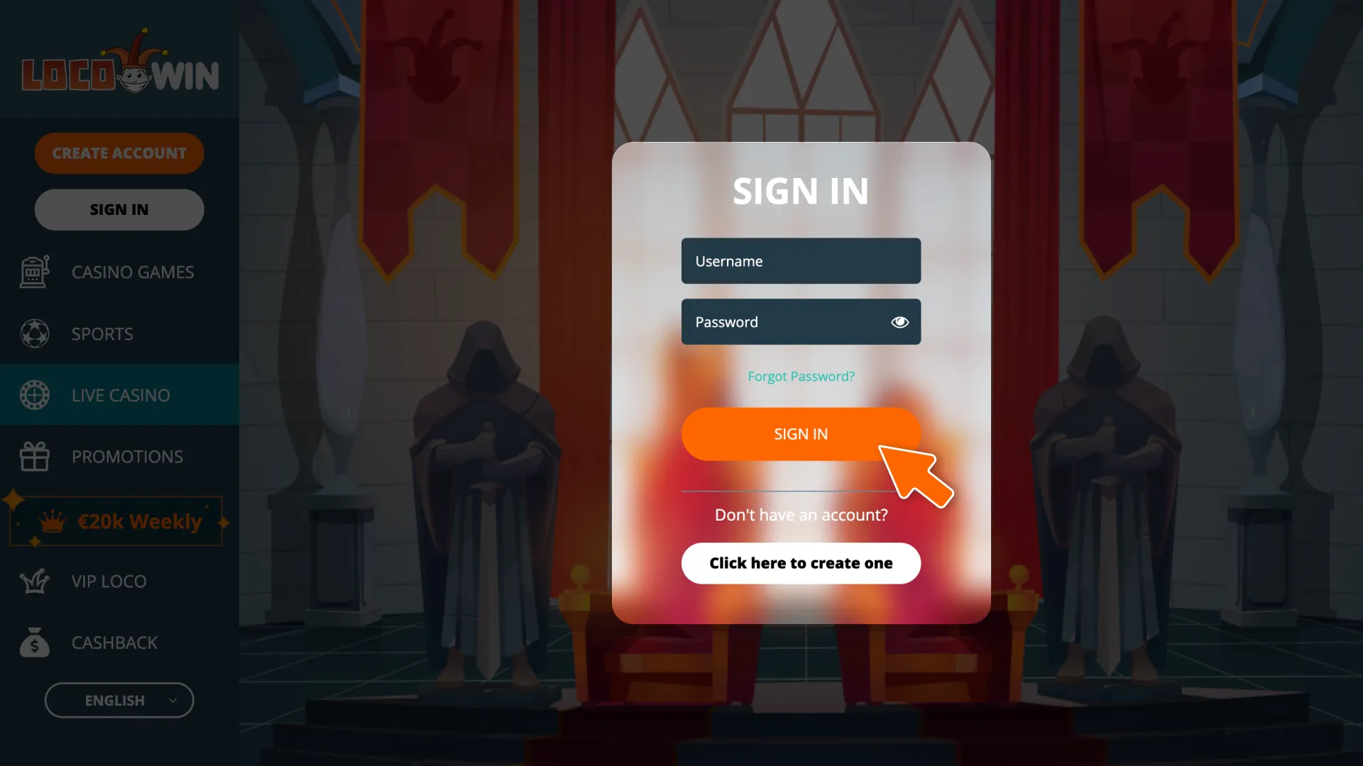 Rufen Sie das Portal auf und melden Sie sich bei Ihrem Konto bei LocoWin VIP an.
