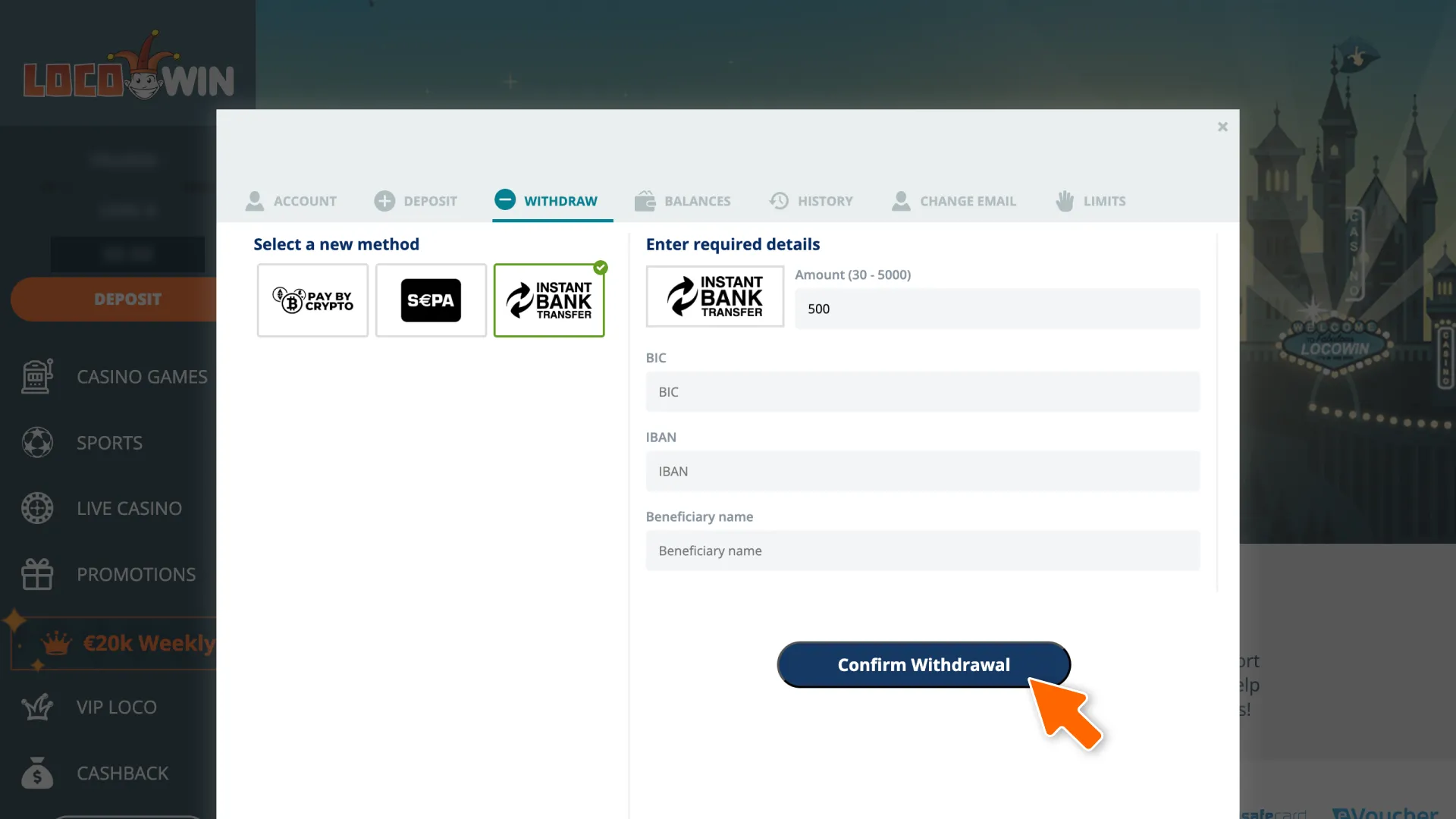 Enter the amount and make a payment to start your LocoWin withdrawal.